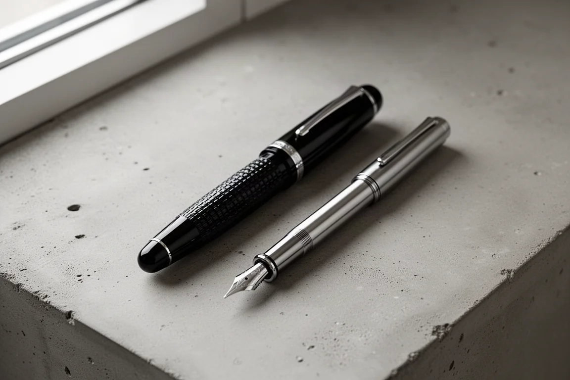 A girthy black fountain pen resting beside a slimmer metal fountain pen on a desk