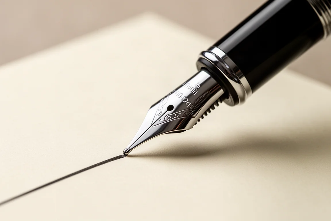 Close-up of a fountain pen nib showing fine gold detailing on paper