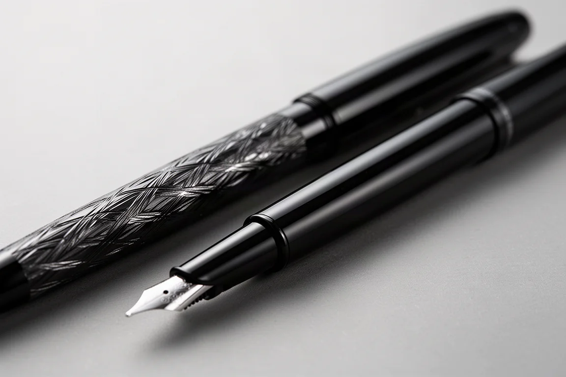 Textured black pen barrel detail under soft directional light