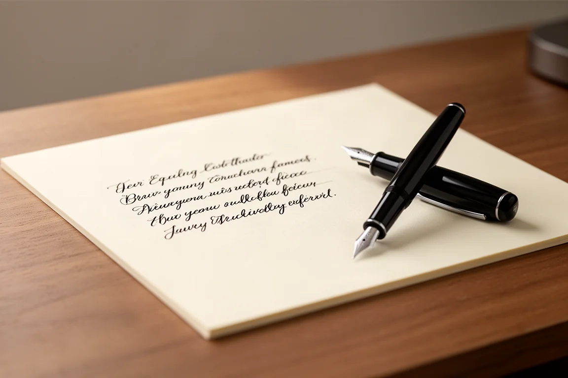 Handwriting sample in black ink on cream paper from a fountain pen