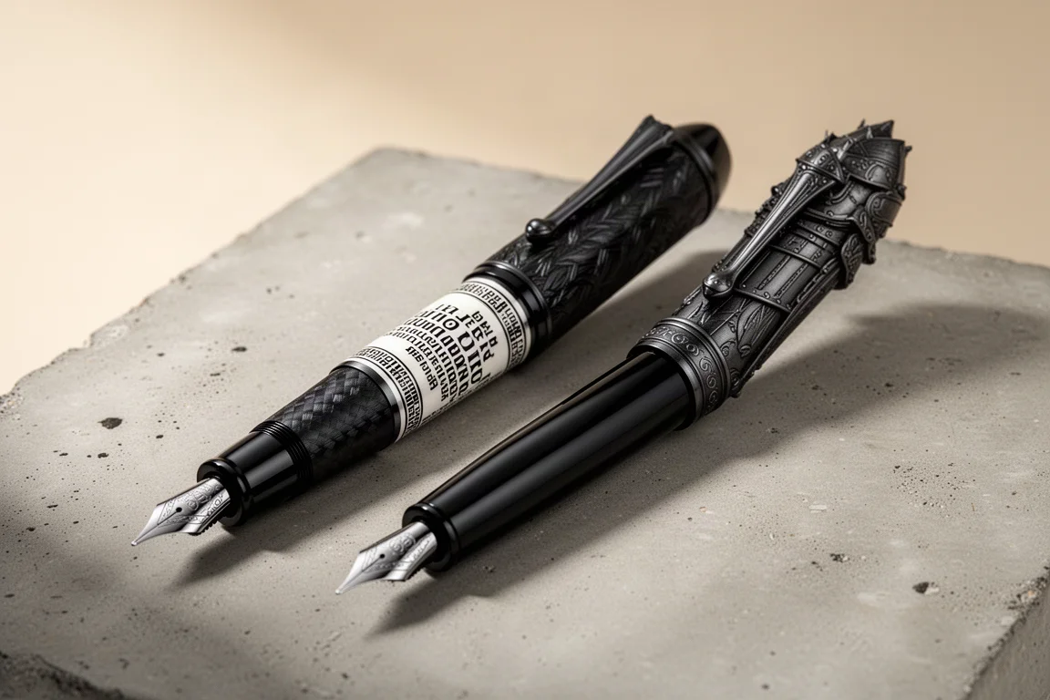 Two black Cross Peerless fountain pens side by side on a concrete surface