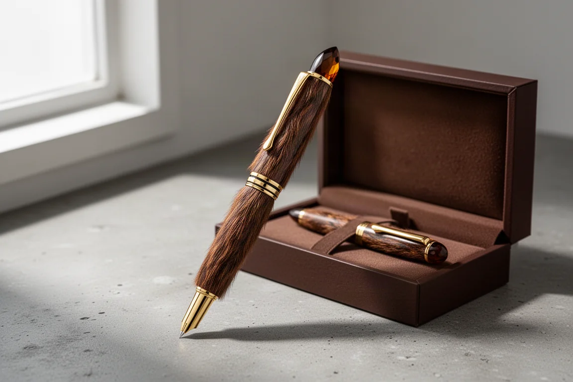 Brown fur-textured fountain pen with gold trim beside its presentation box