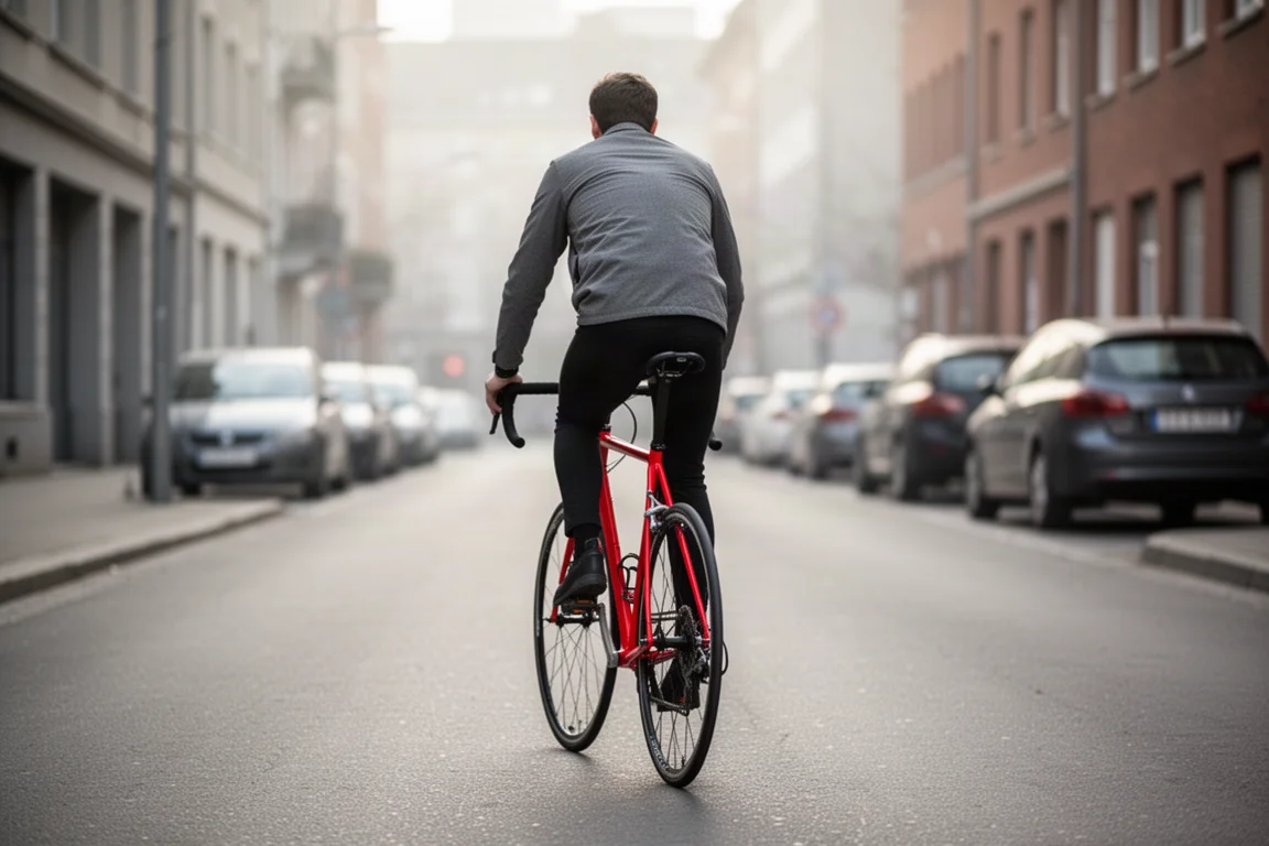 Commuter riding a slim red road bike along a quiet city street in morning light