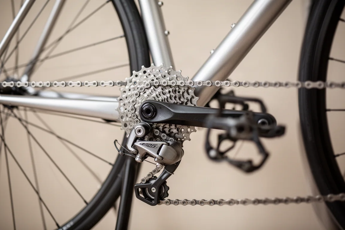 Close-up of a budget bike drivetrain with chain, cassette and rear derailleur