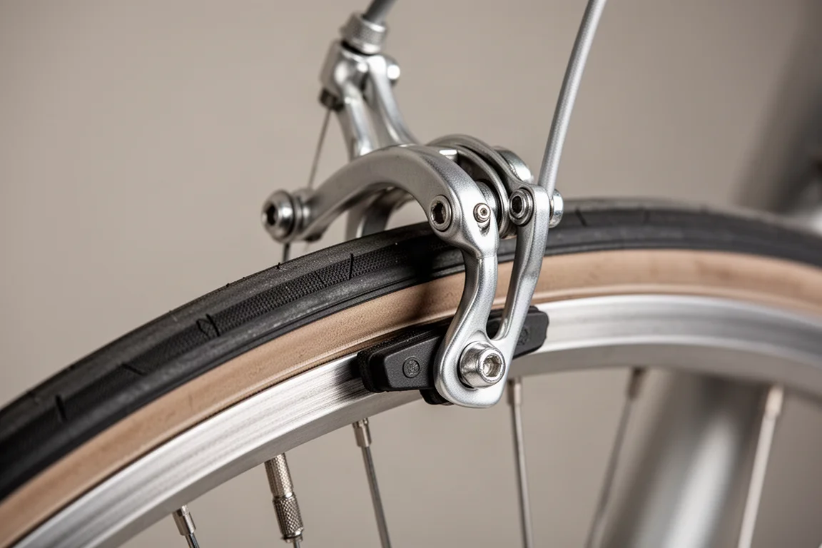 Close-up of a rim brake caliper and pads gripping an alloy wheel rim
