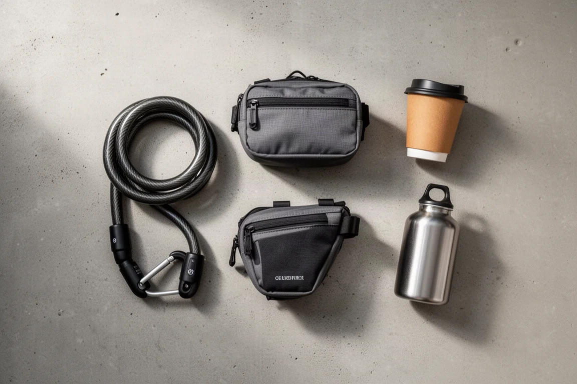 Flat-lay of commuter cycling essentials on a concrete surface