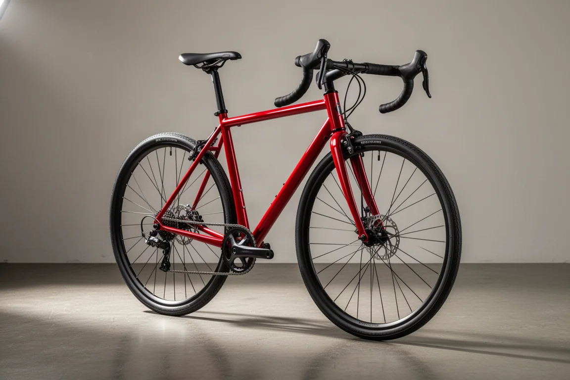 Günstiges rotes Rennrad mit Rennlenker, auf einem Betonboden fotografiert