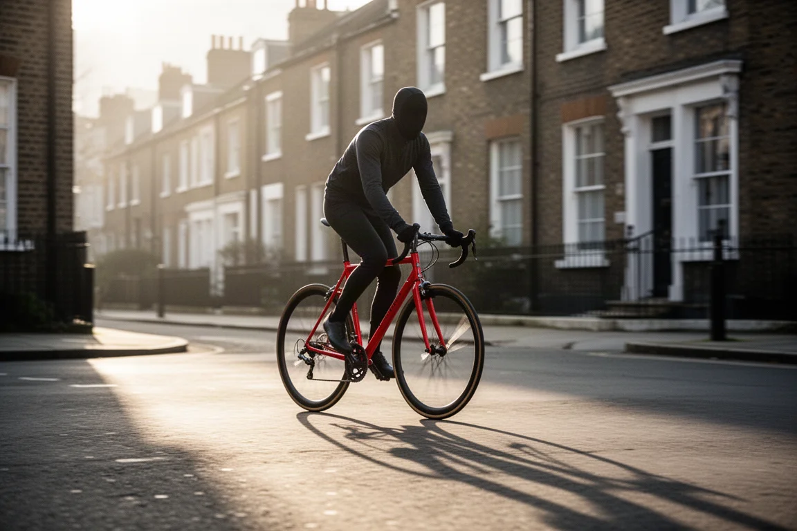 Cycliste roulant sur un vélo de route rouge dans une rue de ville calme à la lumière du petit matin