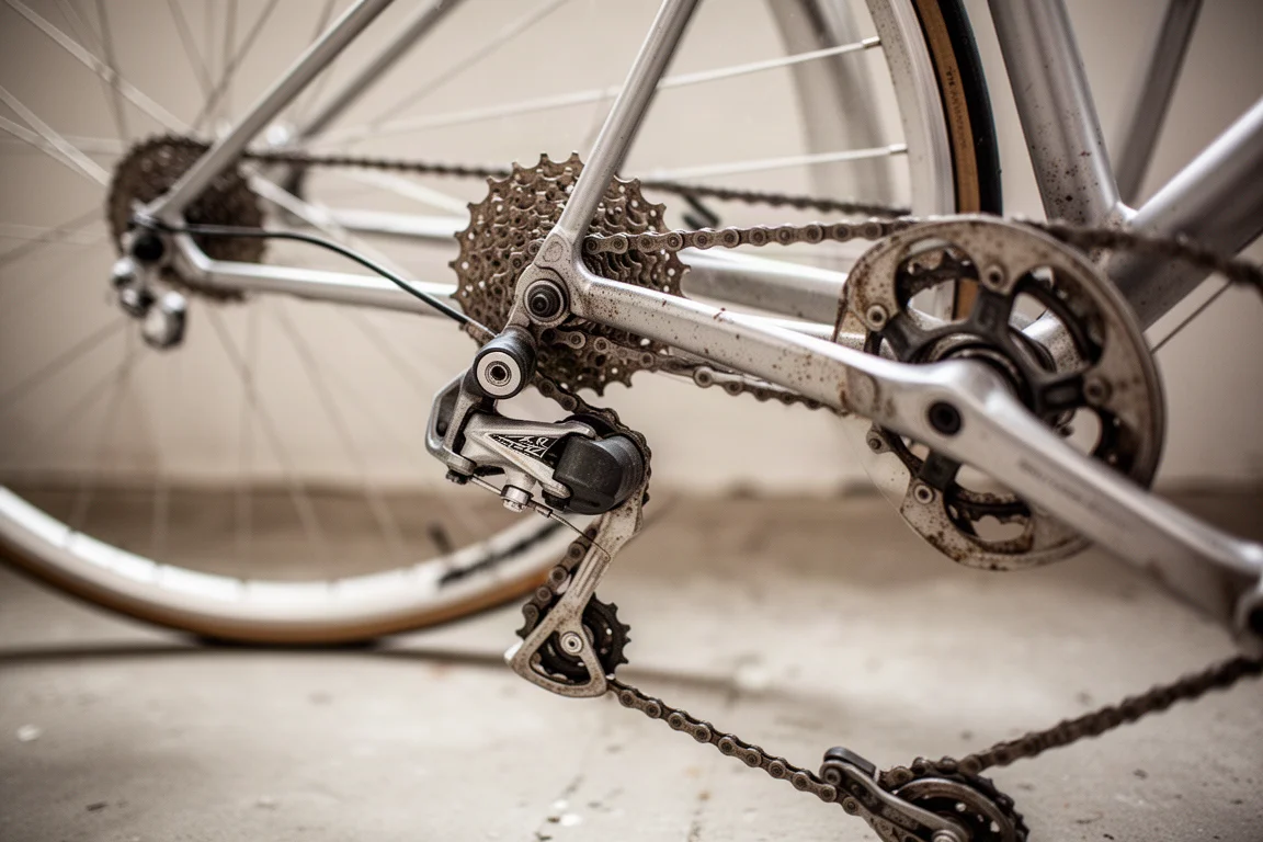 Gros plan sur la transmission d'un vélo de route bon marché avec chaîne, cassette et dérailleur arrière