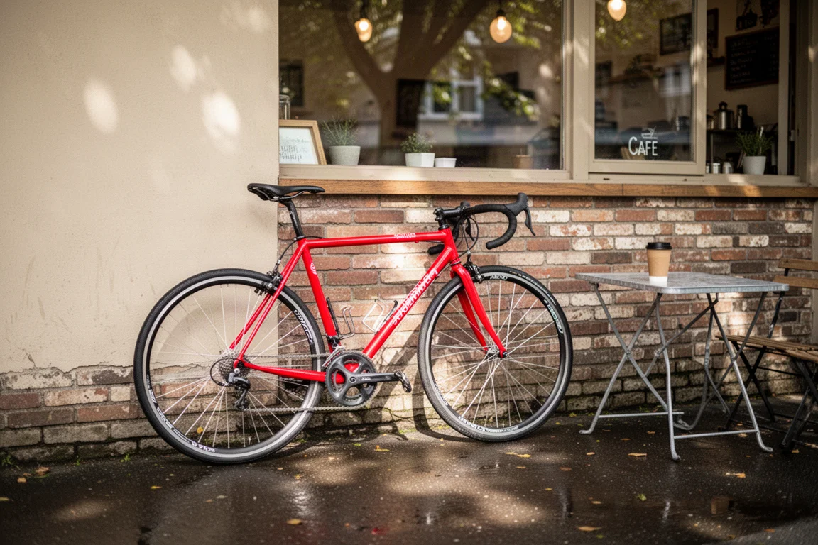Vélo de route rouge appuyé contre un mur de briques devant un café à la lumière du matin