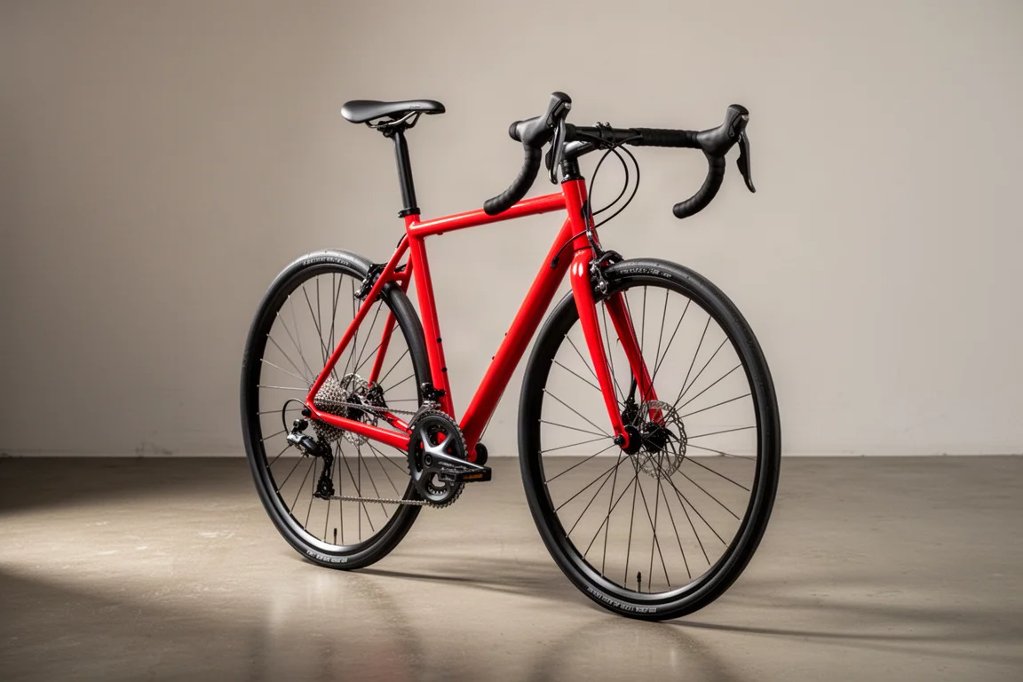Rotes günstiges Rennrad mit Rennlenker und dünnen Reifen auf einem Betonboden im Studio