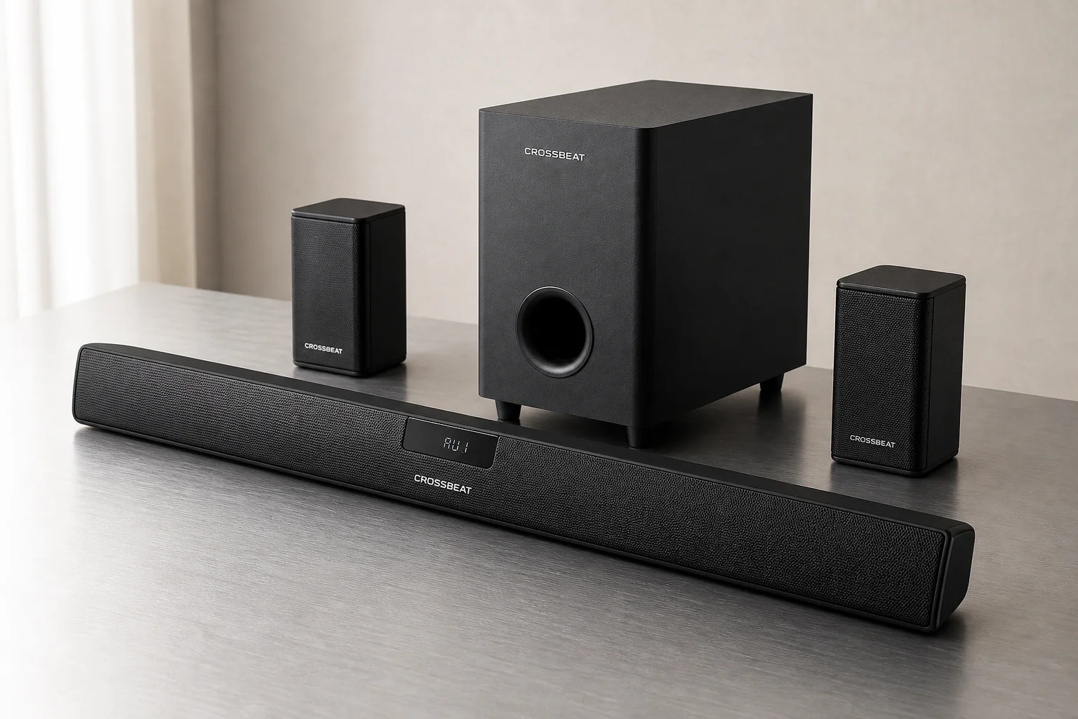 Six systèmes de barres de son home cinéma alignés sur une surface en béton