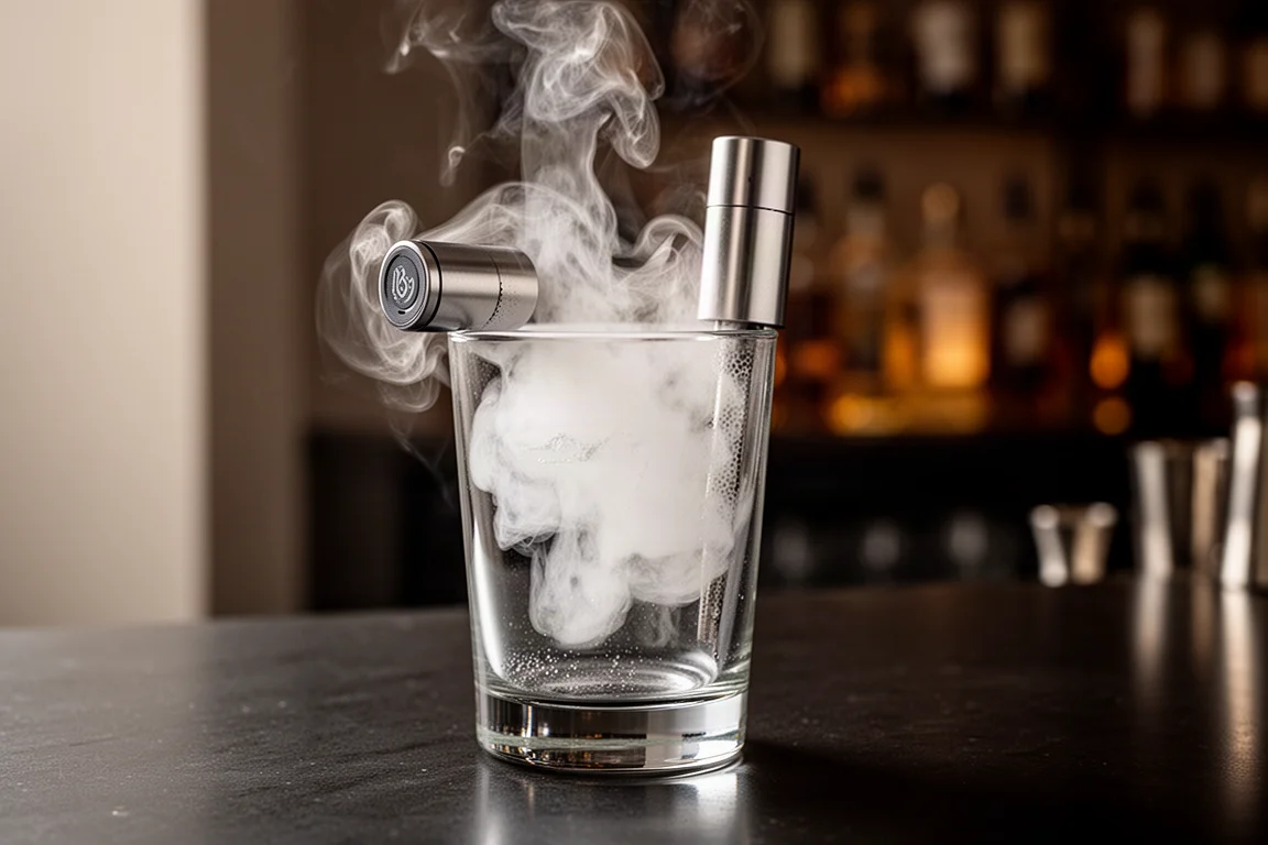 Cocktail glass being filled with smoke under a small cylindrical smoker device