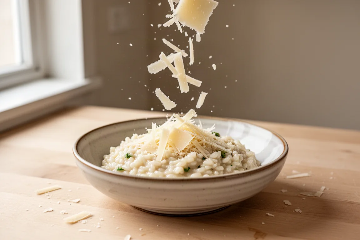 Parmesan shavings falling onto a freshly plated risotto