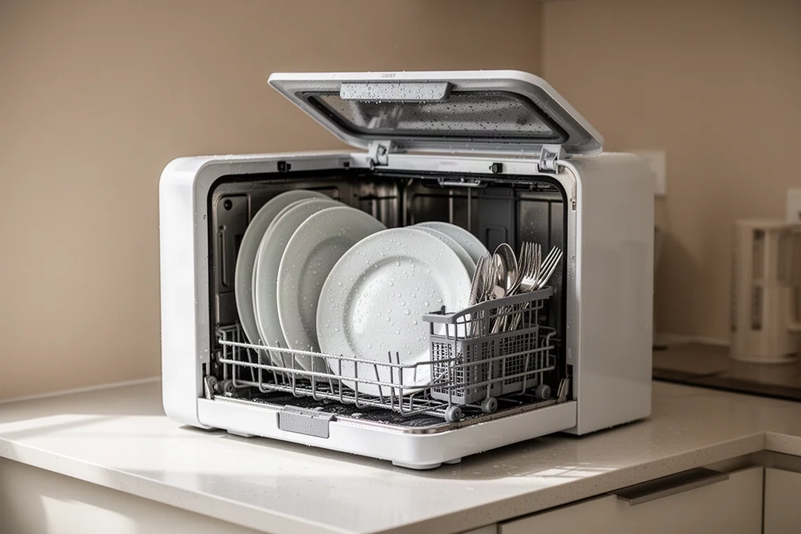 Compact countertop dishwasher running a wash cycle with dishes visible inside