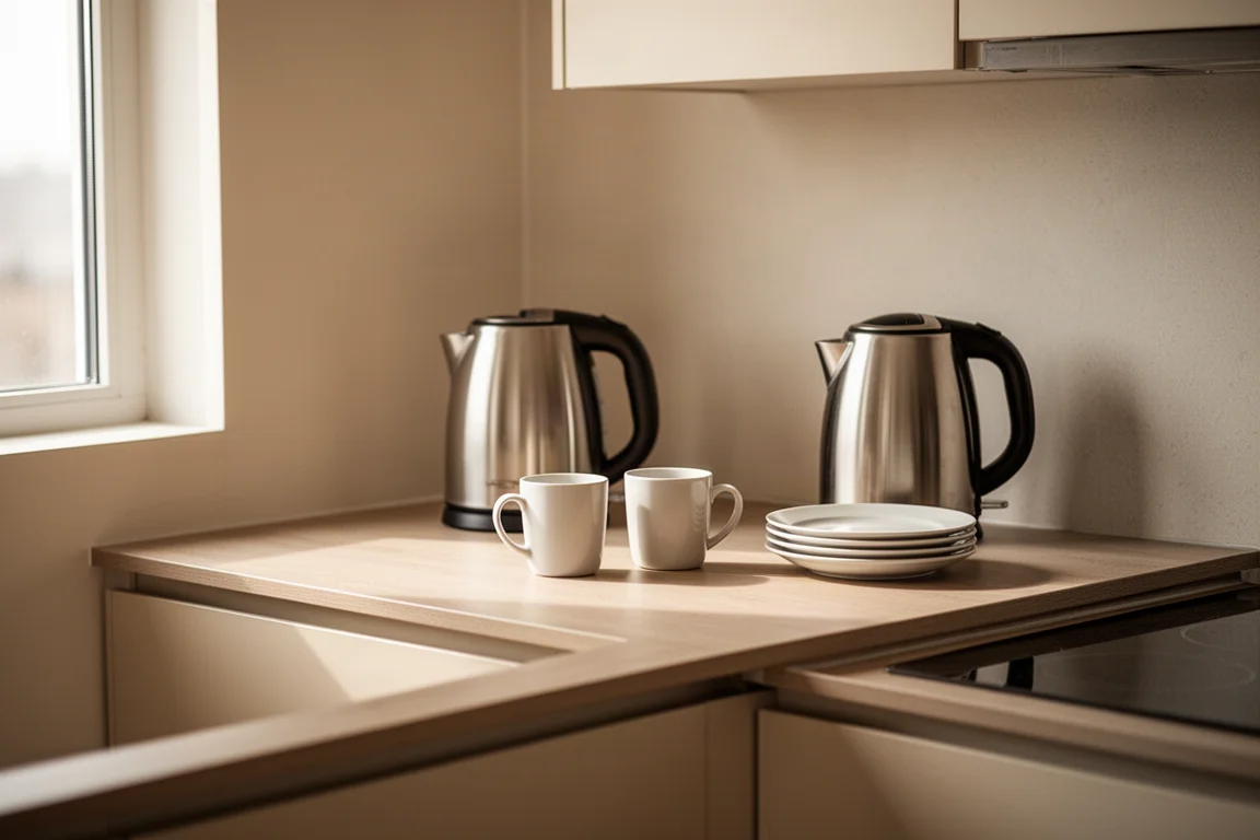 Small apartment kitchen counter with limited space beside a kettle and mugs