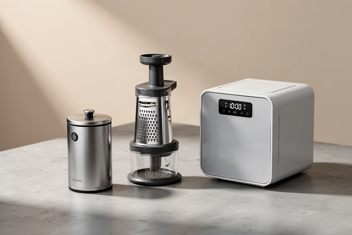 Three compact kitchen gadgets on a concrete surface: cocktail smoker, electric grater and countertop dishwasher