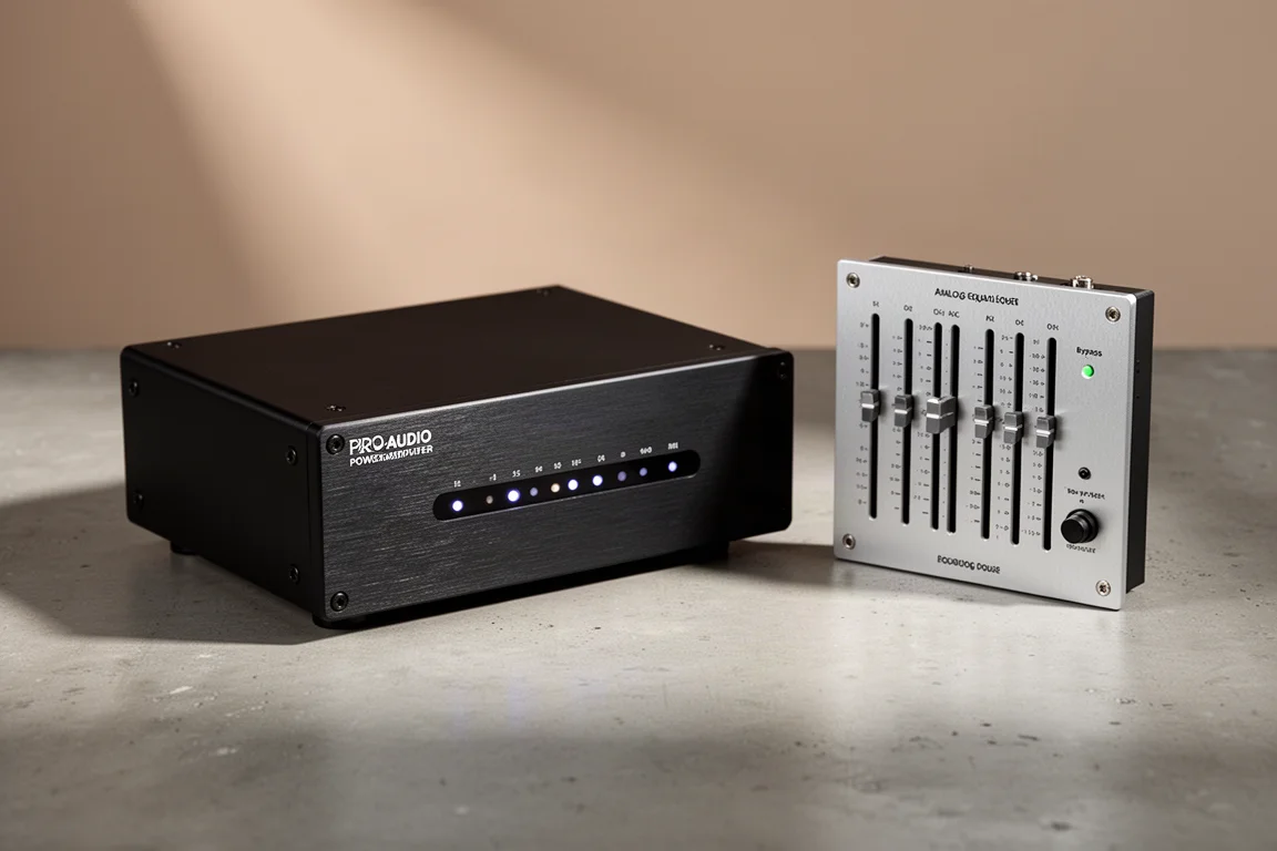 Pro-audio power amplifier and slim analog equalizer side by side on concrete