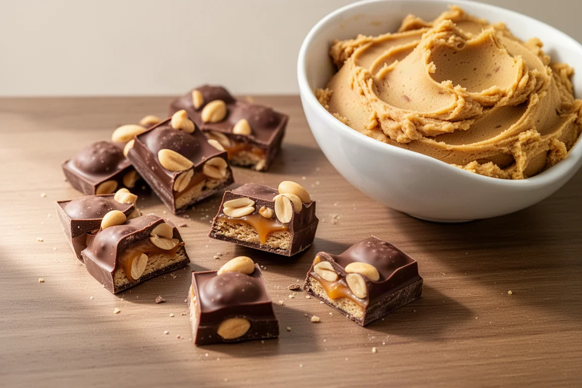 Zerkleinerte Schokoriegel und Erdnussbutter-Stücke neben Keksteig