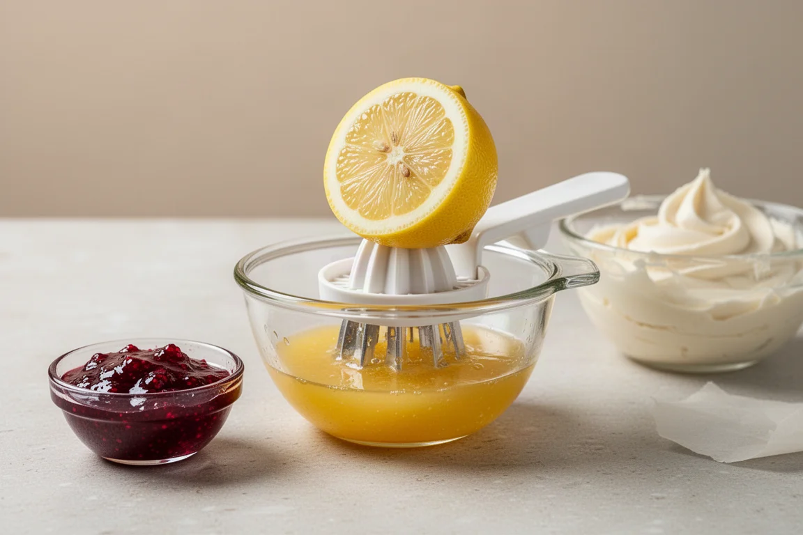 Frische Zitrone wird über einer Glasschale ausgepresst, daneben Himbeermarmelade