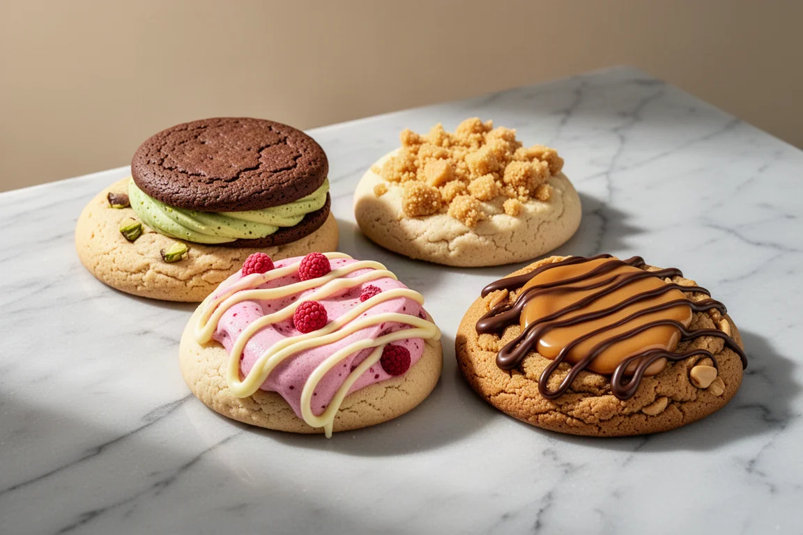 Four gourmet cookies including a chocolate sandwich, streusel-topped, raspberry iced, and peanut butter cookie on marble