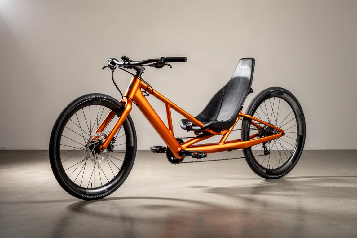 Strömlinjeformad liggcykel med tillbakalutat säte och mörk matt ram på en betongyta
