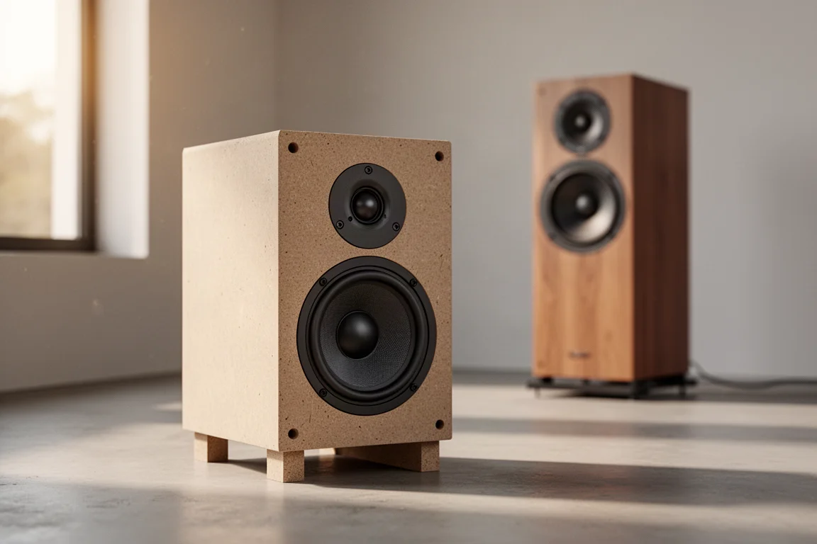 Unfinished DIY loudspeaker kit on a low stand in a minimal listening room