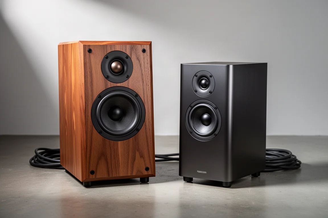 Two stand-mounted DIY speaker kits side by side on a concrete floor