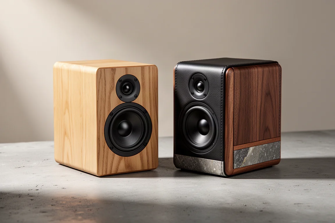 Wood veneer speaker and leather-wrapped speaker side by side on a concrete surface