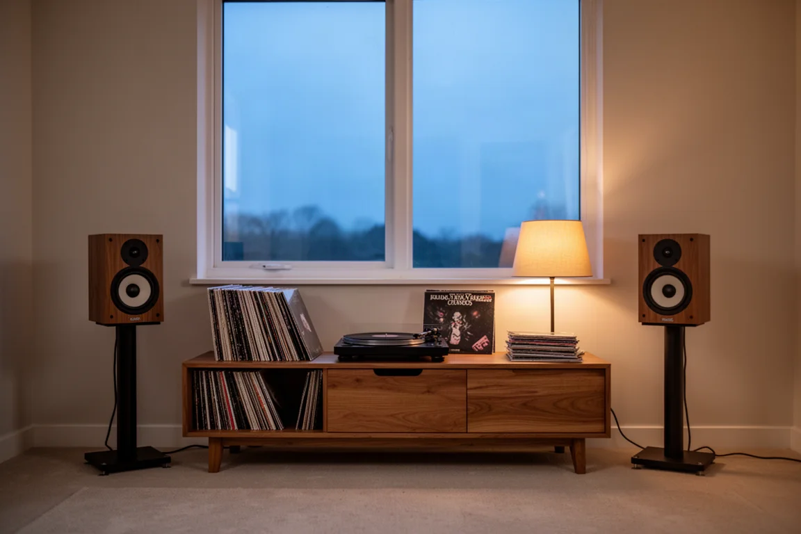 Small bookshelf speakers on stands in a warm living room at dusk with records on a shelf