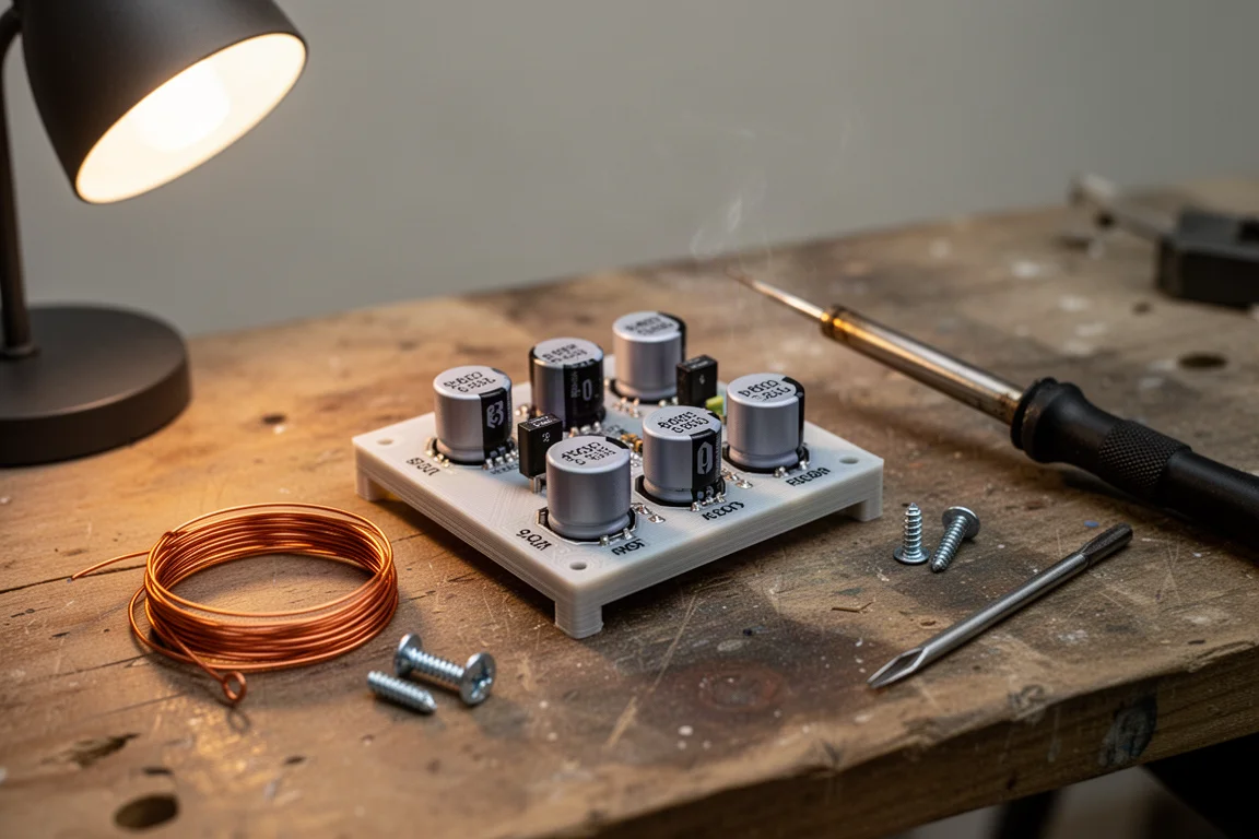 Workbench detail with a small circuit board holding crossover components and a soldering iron