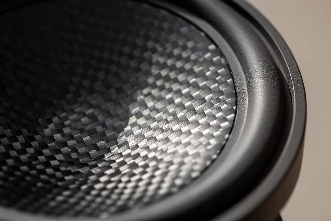 Macro detail of a woven carbon fibre speaker cone with raking side light