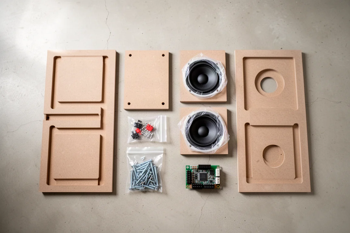 Flat lay of speaker kit parts including MDF panels, drivers and hardware on concrete