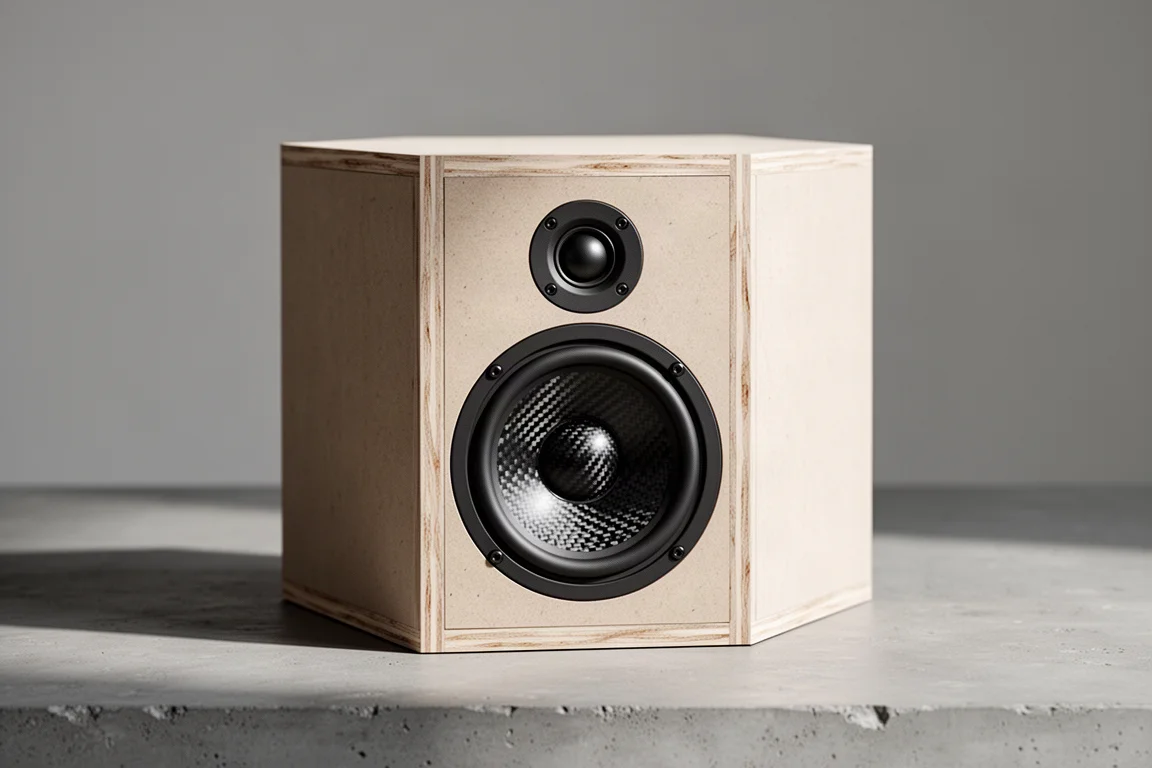 Compact two-way bookshelf speaker kit with woven carbon fibre woofer on concrete surface