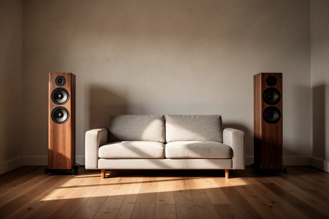 Calm listening room with two tall floor-standing speakers and a low sofa in afternoon light