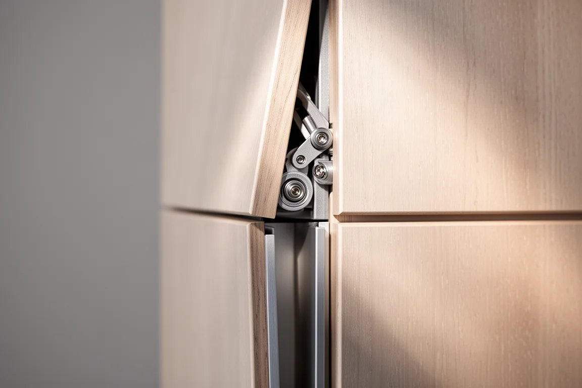 Close-up of the adjustable joint between the upper and lower cabinets of a tall speaker
