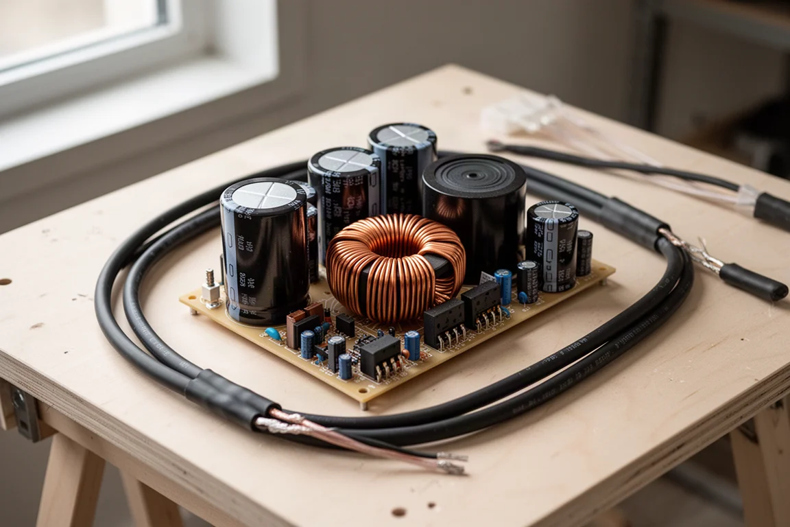 Overhead flat-lay of a speaker crossover board with capacitors and copper coils