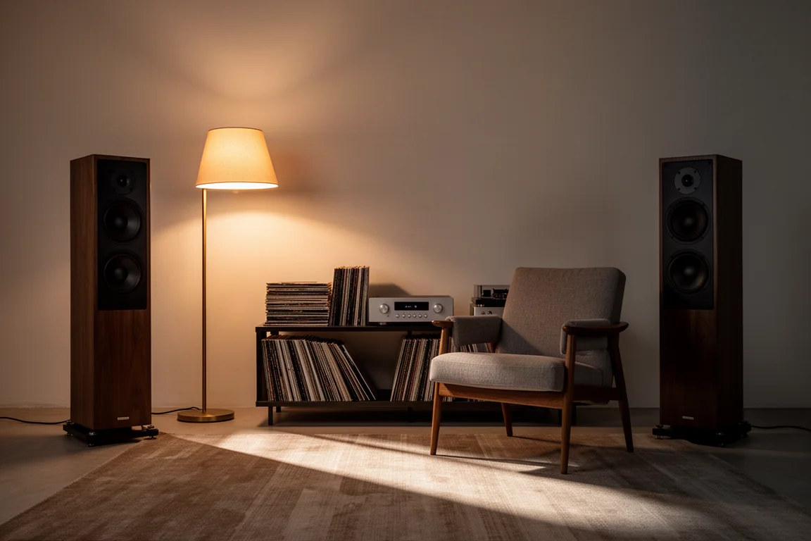 Evening listening room with two tower speakers, an armchair and a warm floor lamp