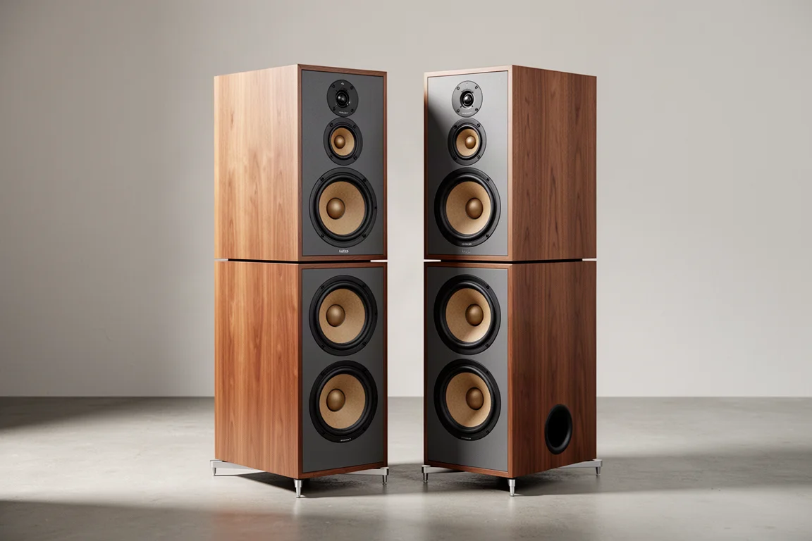 Pair of two-piece floor-standing speakers with wood veneer finish on a concrete floor