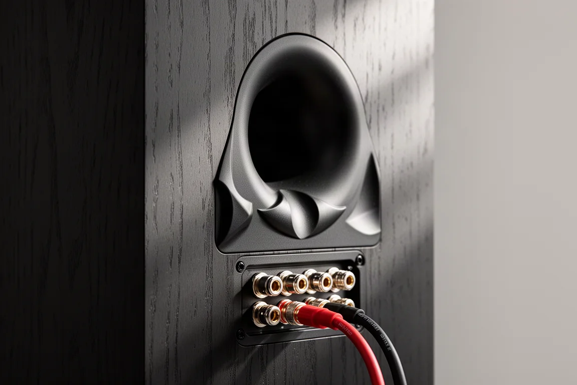 Close-up van een uitlopende baspoort aan de achterzijde en metalen luidsprekerklemmen op een luidsprekerbehuizing