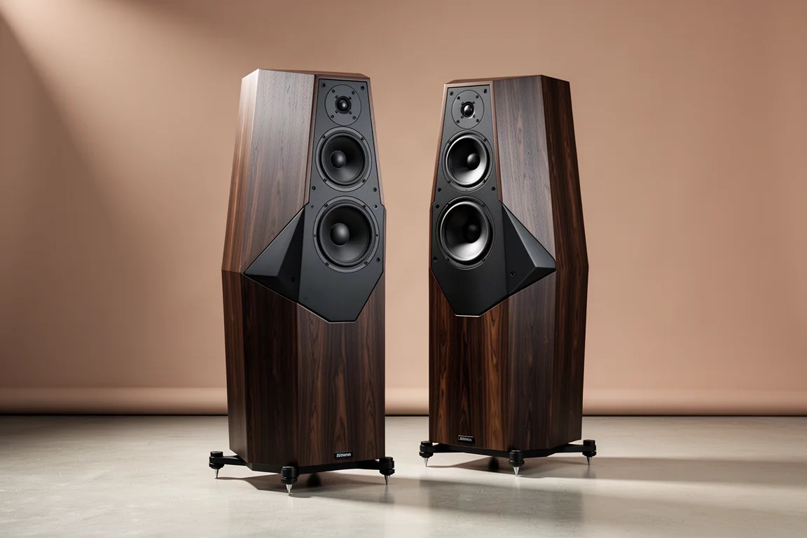 Pair of tall two-section floorstanding loudspeakers in dark veneer on a pale concrete floor