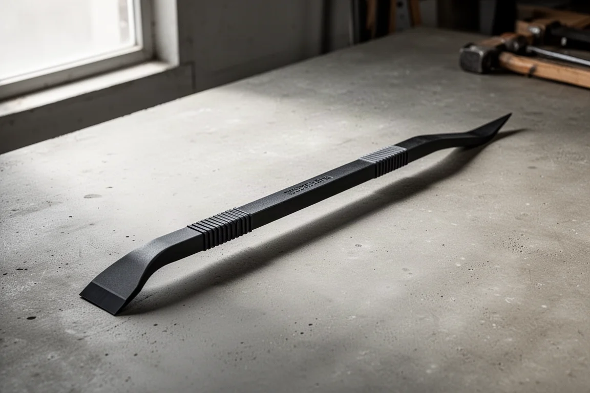 Long black nylon pry bar with wedge and pointed tips on concrete surface