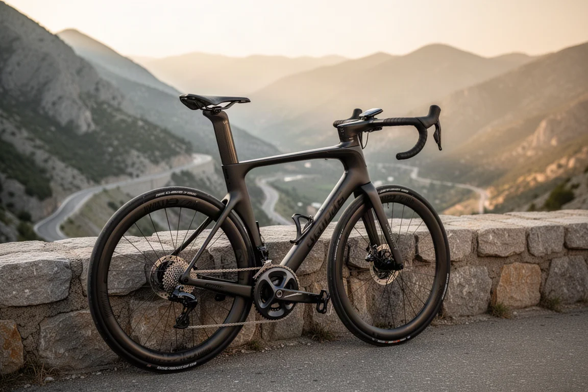 Racercykel med integrerad cockpit och effektmätare på ett bergspass