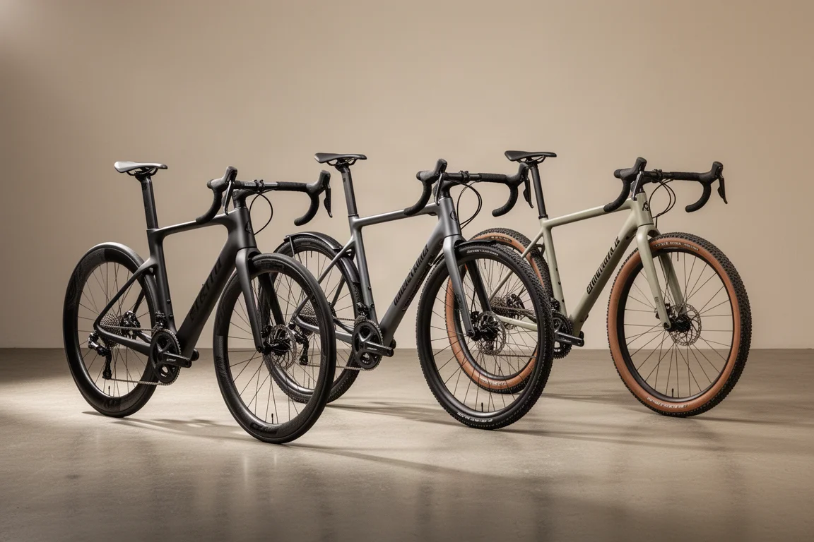 Three road and gravel bicycles arranged on a matte concrete surface