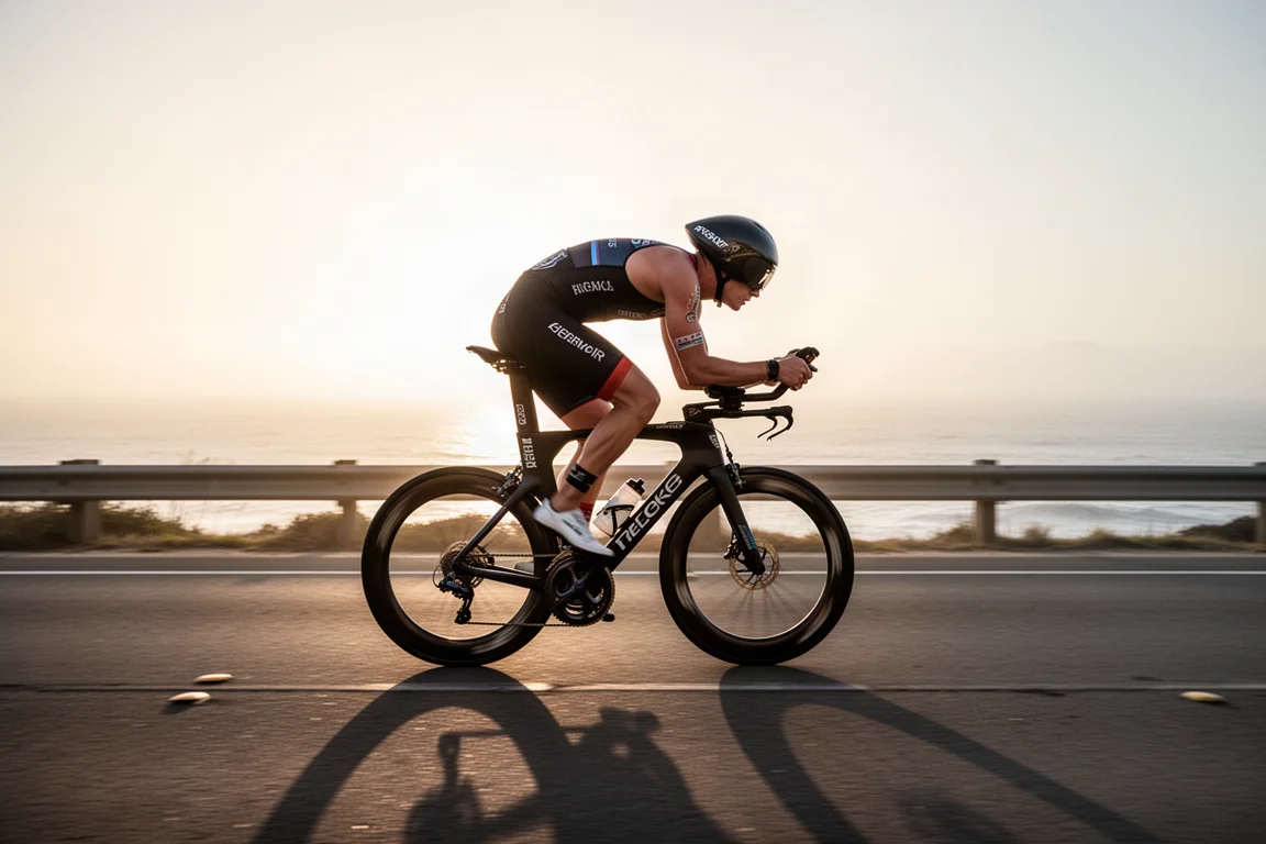 Triatleta en postura aerodinámica sobre una bicicleta de triatlón oscura por una carretera costera vacía