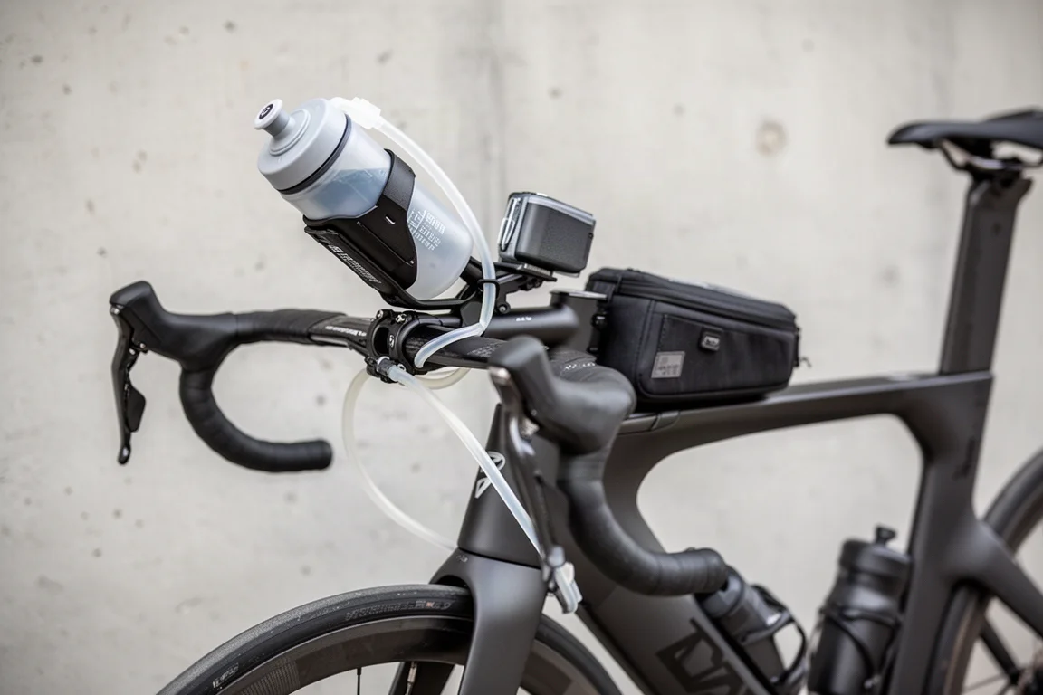 Primer plano de la parte delantera de una bici de triatlón con una unidad de hidratación rellenable y una caja de almacenamiento en el tubo superior