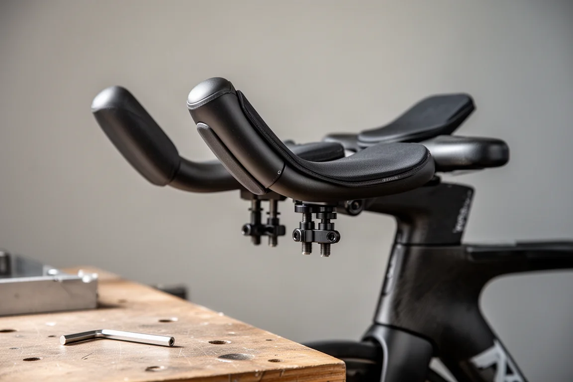 Detalle de las extensiones aerodinámicas con espaciadores de inclinación y almohadillas en una bici de triatlón