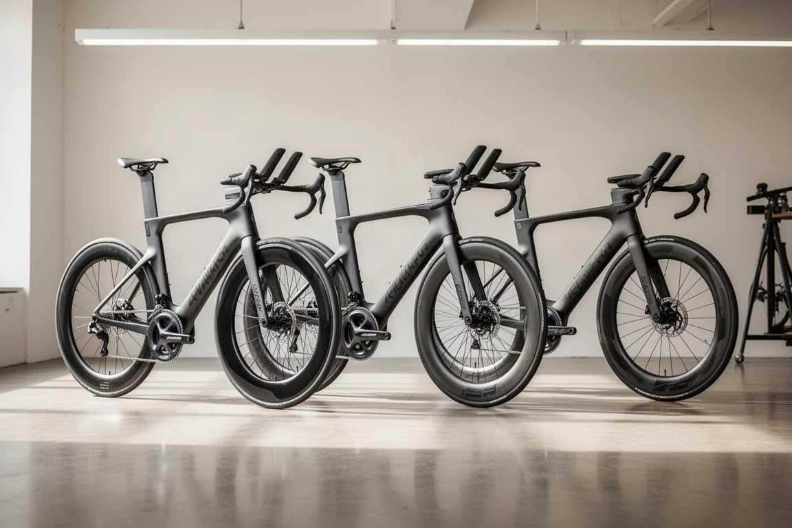 Tres bicicletas de triatlón alineadas en un taller de bicis luminoso y minimalista