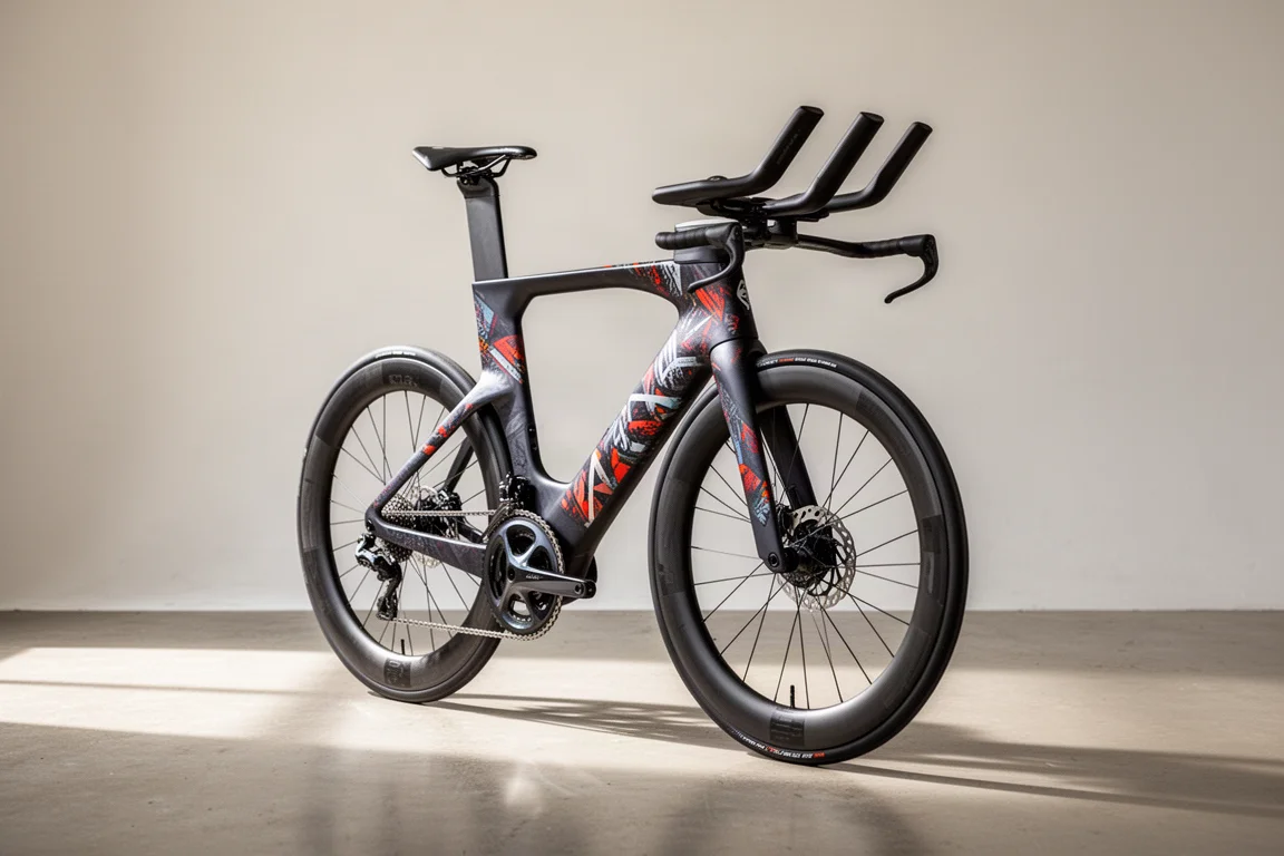 Donkere triatlon-superbike met diep frame, aero-extensions en schijfremmen in een studio