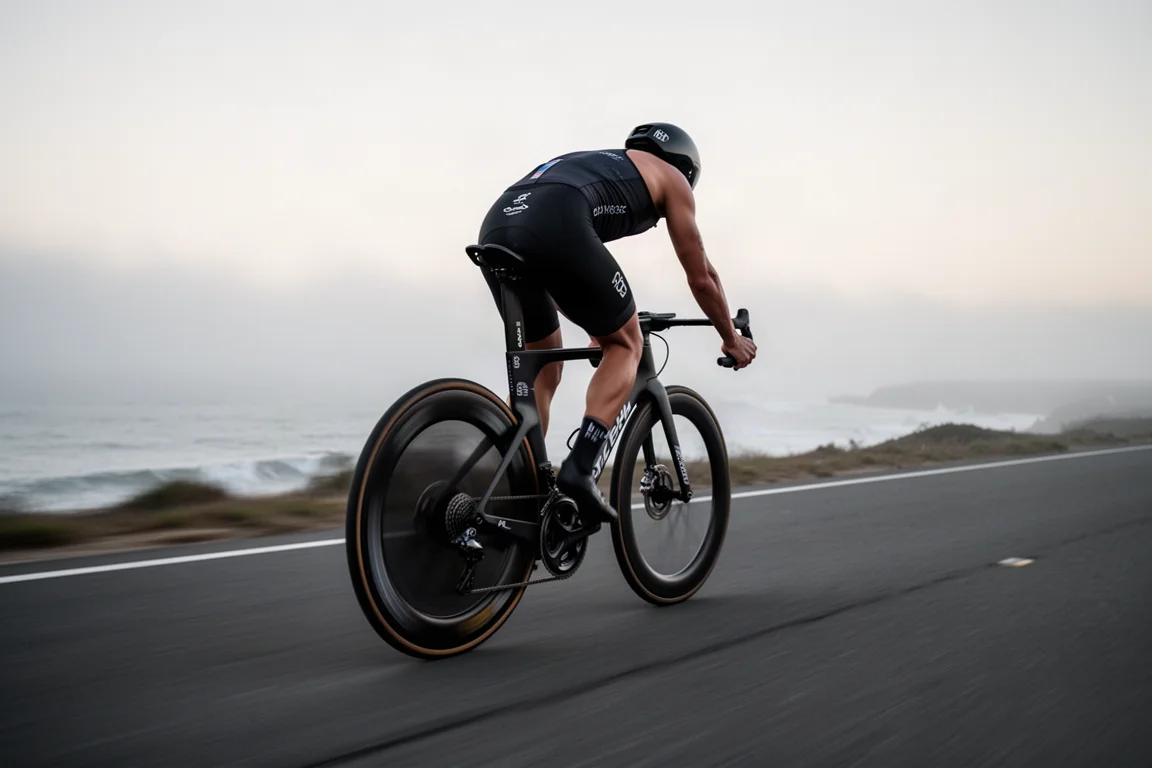 Triathlete riding in the aero position on an open coastal road at first light